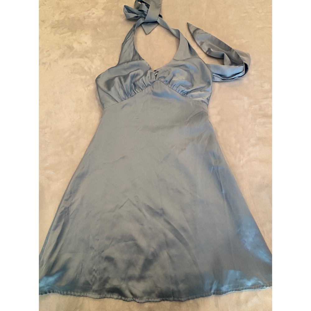 Peppermayo Light Blue Satin Halter Mini Dress Tie Back Size US 4
